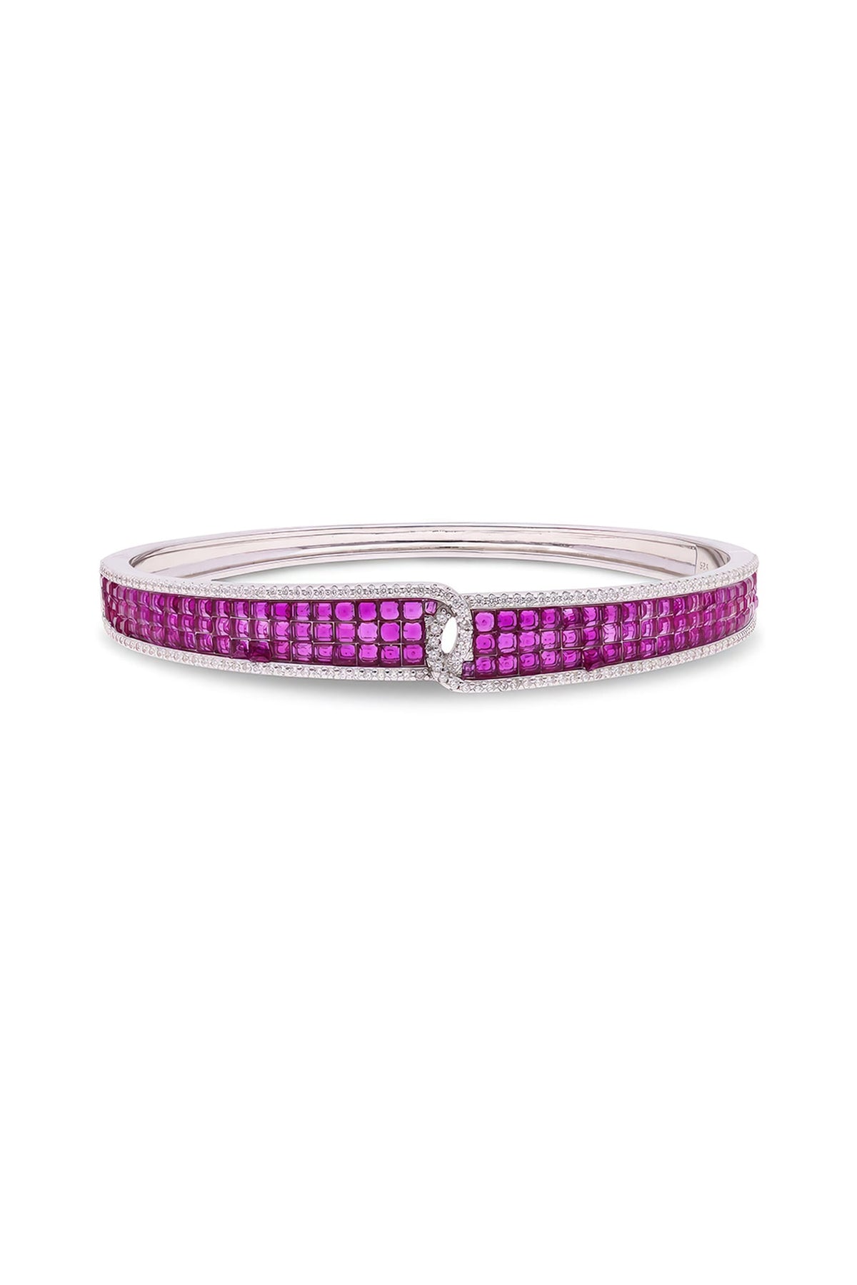 White Rhodium Finish Ruby Spinel Stone Bangle In Sterling Silver