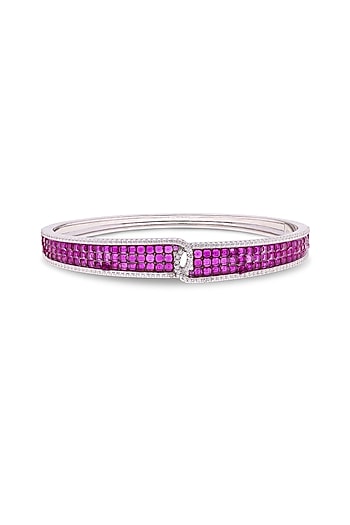 White Rhodium Finish Ruby Spinel Stone Bangle In Sterling Silver