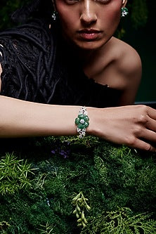 White Rhodium Finish Emerald Spinel Stone Cuff Bracelet In Sterling Silver