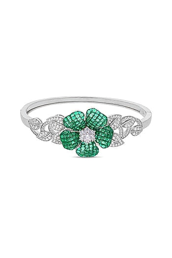White Rhodium Finish Emerald Spinel Stone Cuff Bracelet In Sterling Silver