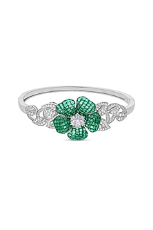 White Rhodium Finish Emerald Spinel Stone Cuff Bracelet In Sterling Silver