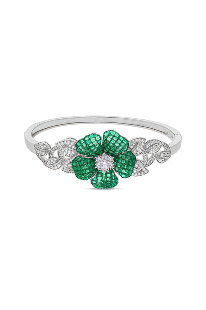 White Rhodium Finish Emerald Spinel Stone Cuff Bracelet In Sterling Silver