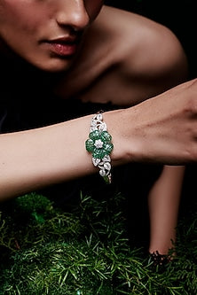 White Rhodium Finish Emerald Spinel Stone Cuff Bracelet In Sterling Silver