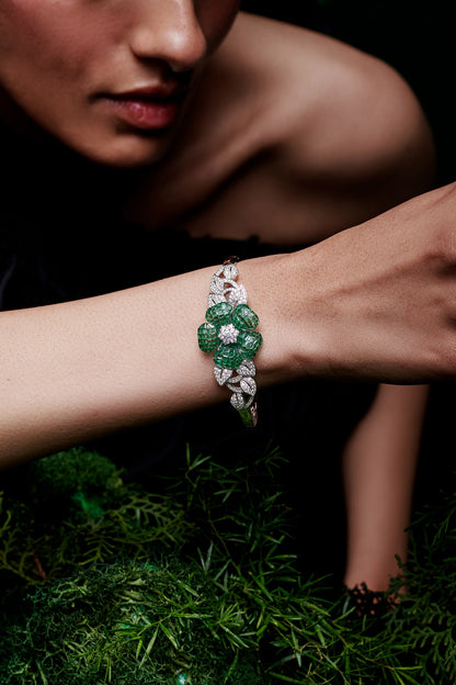 White Rhodium Finish Emerald Spinel Stone Cuff Bracelet In Sterling Silver