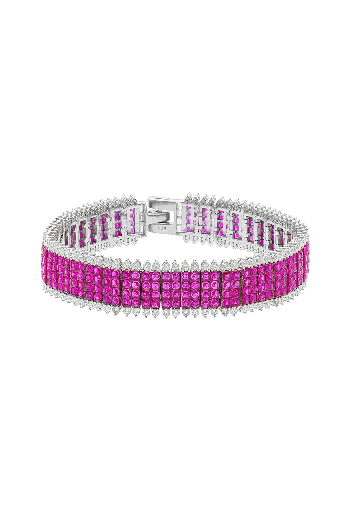 White Rhodium Finish Ruby Spinel Stone Tennis Bracelet In Sterling Silver