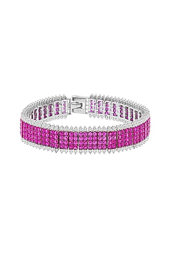 White Rhodium Finish Ruby Spinel Stone Tennis Bracelet In Sterling Silver
