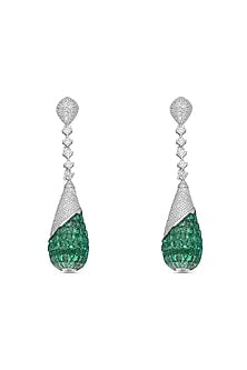 White Rhodium Finish Emerald Spinel Stone Dangler Earrings In Sterling Silver