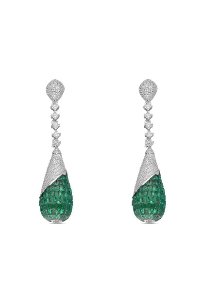 White Rhodium Finish Emerald Spinel Stone Dangler Earrings In Sterling Silver