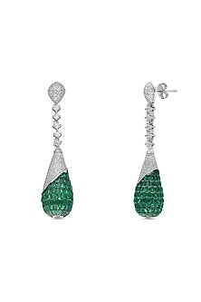 White Rhodium Finish Emerald Spinel Stone Dangler Earrings In Sterling Silver