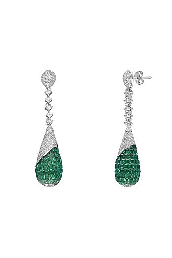 White Rhodium Finish Emerald Spinel Stone Dangler Earrings In Sterling Silver