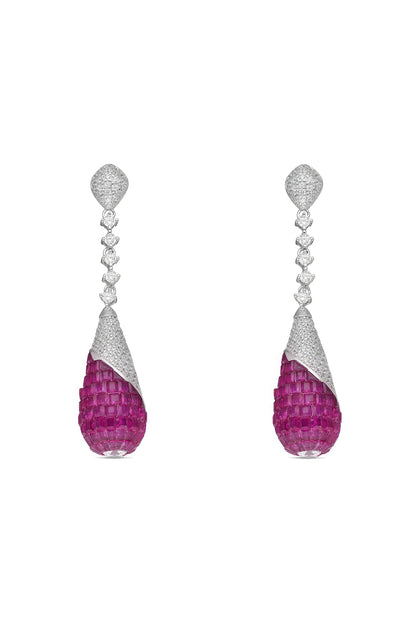 White Rhodium Finish Ruby Spinel Stone Dangler Earrings In Sterling Silver