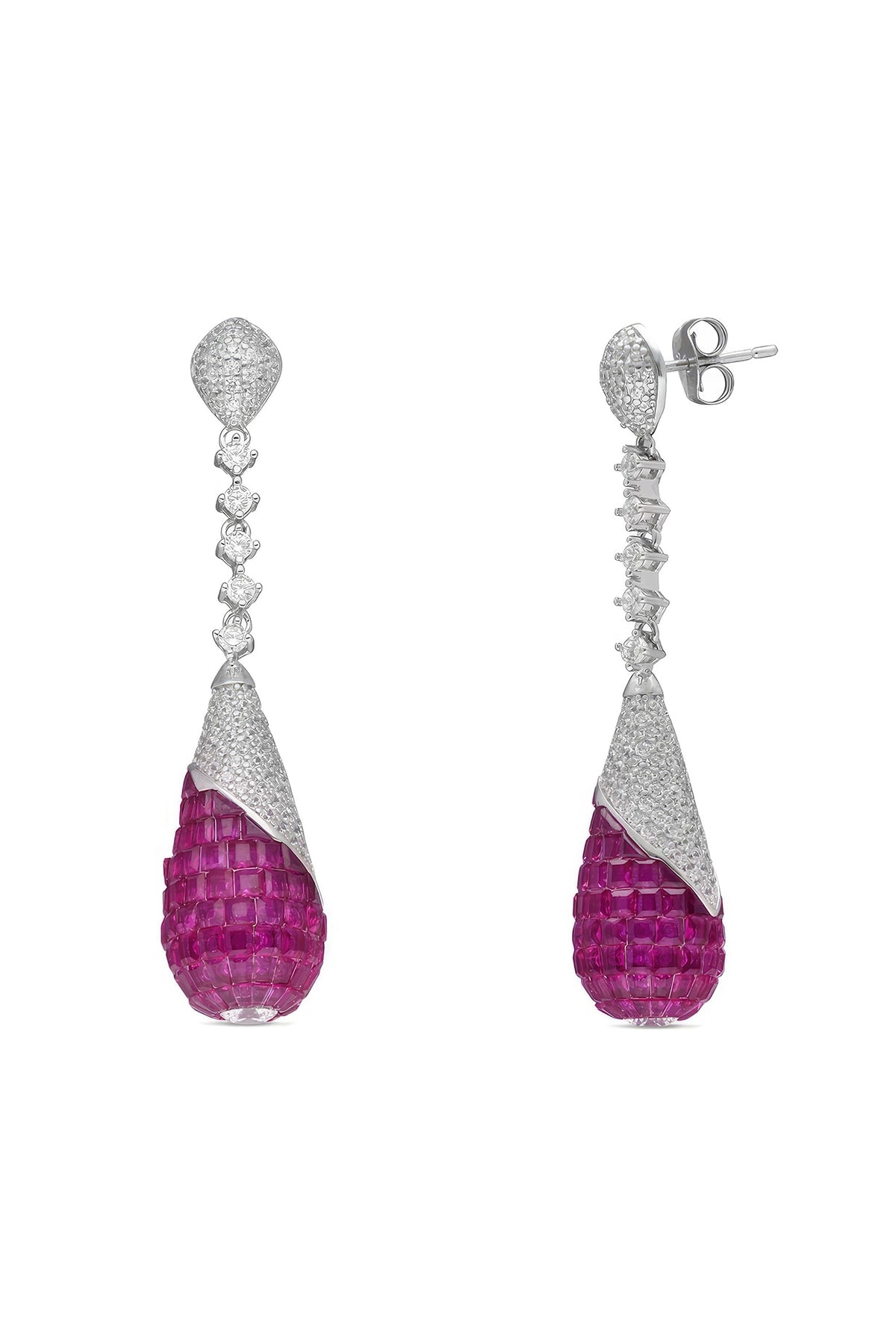 White Rhodium Finish Ruby Spinel Stone Dangler Earrings In Sterling Silver