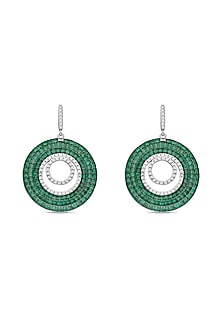 White Rhodium Finish Emerald Spinel Stone Dangler Earrings In Sterling Silver