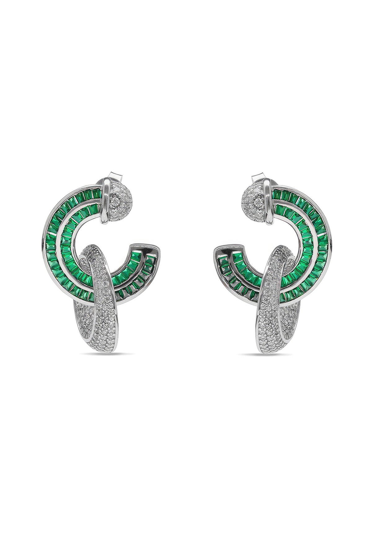 White Rhodium Finish Emerald Spinel Stone & Zircon Hoop Earrings In Sterling Silver