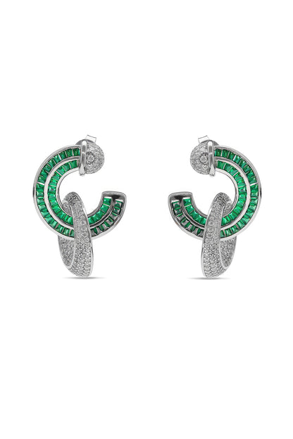 White Rhodium Finish Emerald Spinel Stone & Zircon Hoop Earrings In Sterling Silver