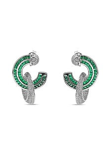 White Rhodium Finish Emerald Spinel Stone & Zircon Hoop Earrings In Sterling Silver