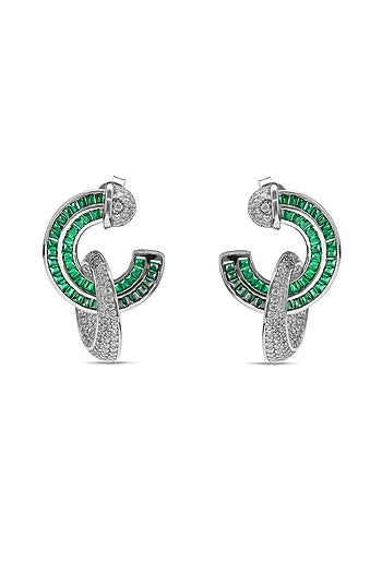 White Rhodium Finish Emerald Spinel Stone & Zircon Hoop Earrings In Sterling Silver