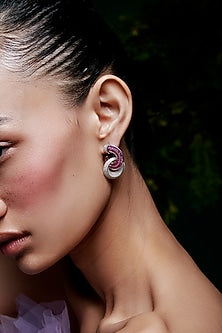 White Rhodium Finish Ruby Spinel Stone & Zircon Hoop Earrings In Sterling Silver