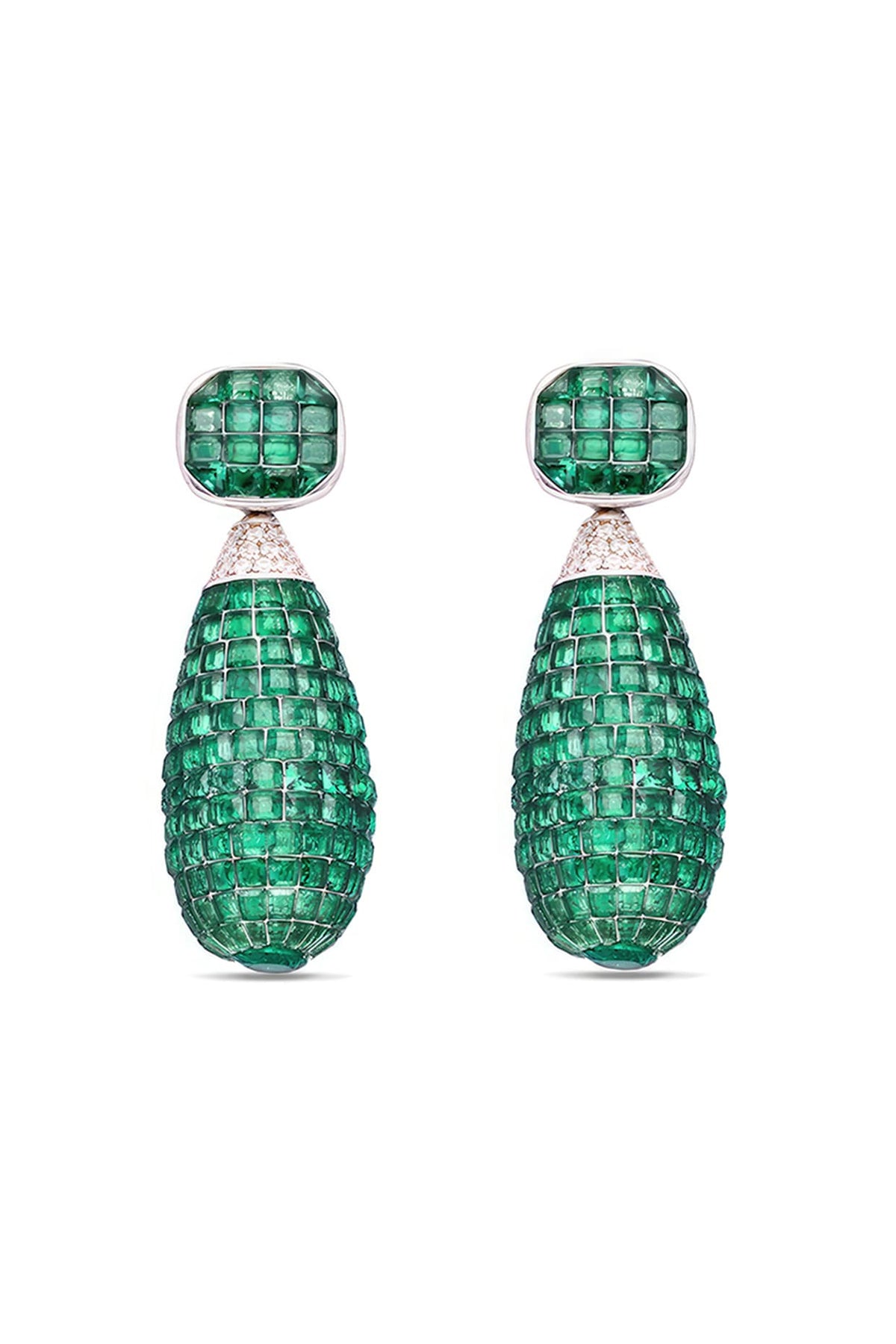 White Rhodium Finish Emerald Spinel Stone Dangler Earrings In Sterling Silver