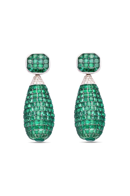 White Rhodium Finish Emerald Spinel Stone Dangler Earrings In Sterling Silver