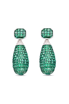 White Rhodium Finish Emerald Spinel Stone Dangler Earrings In Sterling Silver