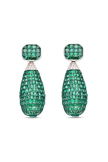 White Rhodium Finish Emerald Spinel Stone Dangler Earrings In Sterling Silver