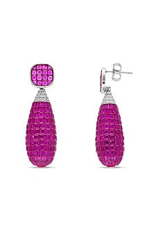 White Rhodium Finish Ruby Spinel Stone Dangler Earrings In Sterling Silver