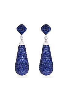 White Rhodium Finish Sapphire Spinel Stone Teardrop Dangler Earrings In Sterling Silver