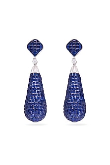 White Rhodium Finish Sapphire Spinel Stone Teardrop Dangler Earrings In Sterling Silver