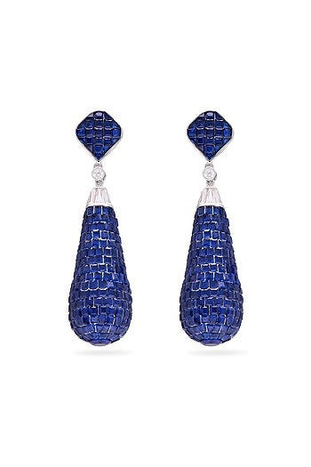 White Rhodium Finish Sapphire Spinel Stone Teardrop Dangler Earrings In Sterling Silver