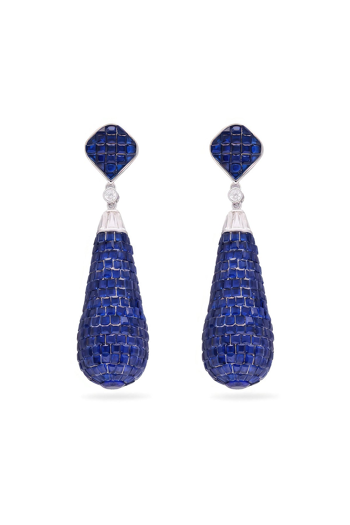 White Rhodium Finish Sapphire Spinel Stone Teardrop Dangler Earrings In Sterling Silver