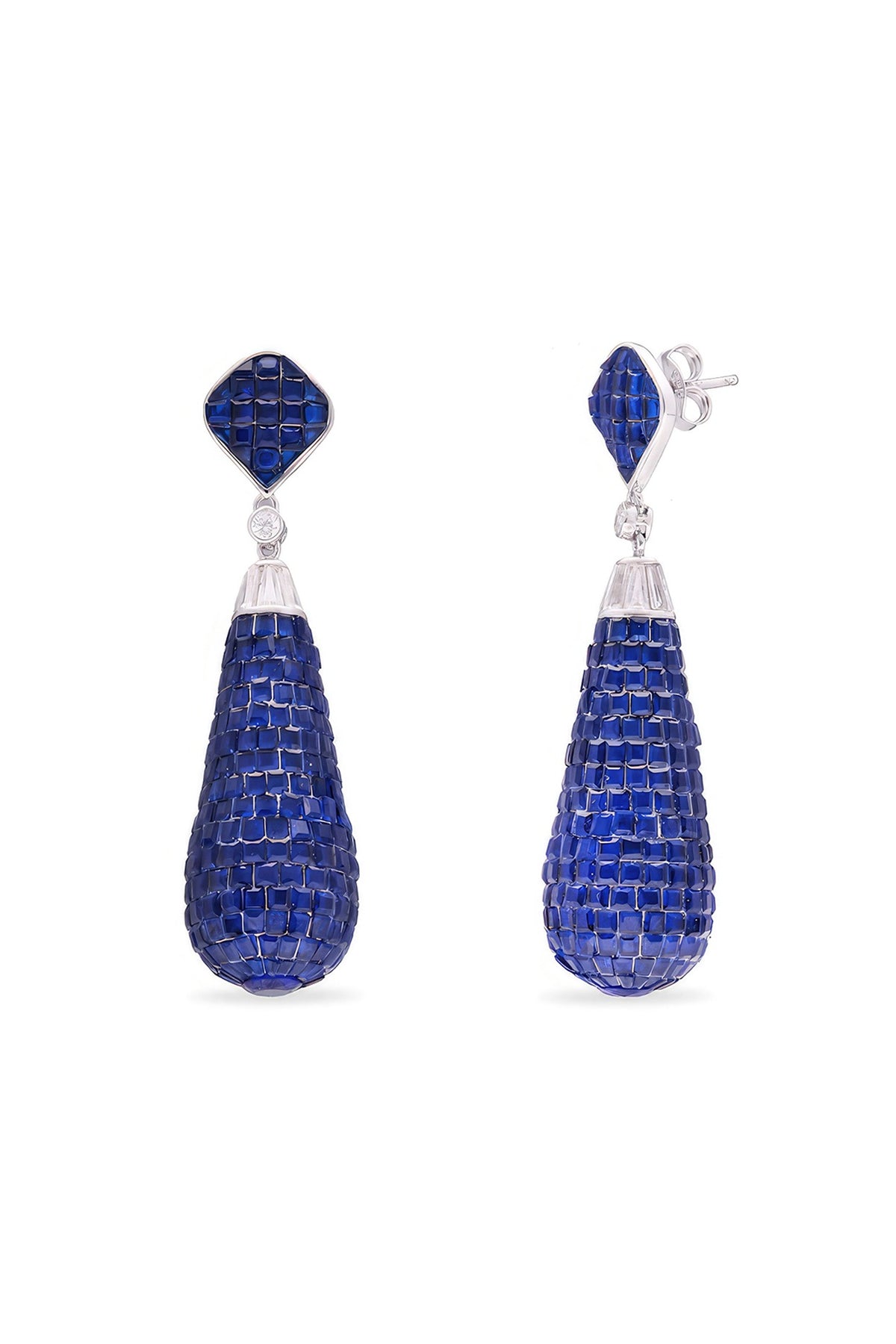 White Rhodium Finish Sapphire Spinel Stone Teardrop Dangler Earrings In Sterling Silver