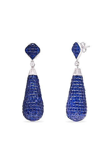 White Rhodium Finish Sapphire Spinel Stone Teardrop Dangler Earrings In Sterling Silver