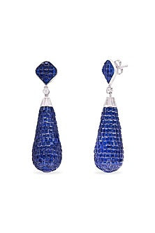 White Rhodium Finish Sapphire Spinel Stone Teardrop Dangler Earrings In Sterling Silver