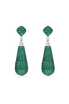 White Rhodium Finish Emerald Spinel Stone Teardrop Dangler Earrings In Sterling Silver