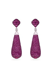 White Rhodium Finish Ruby Spinel Stone Teardrop Dangler Earrings In Sterling Silver