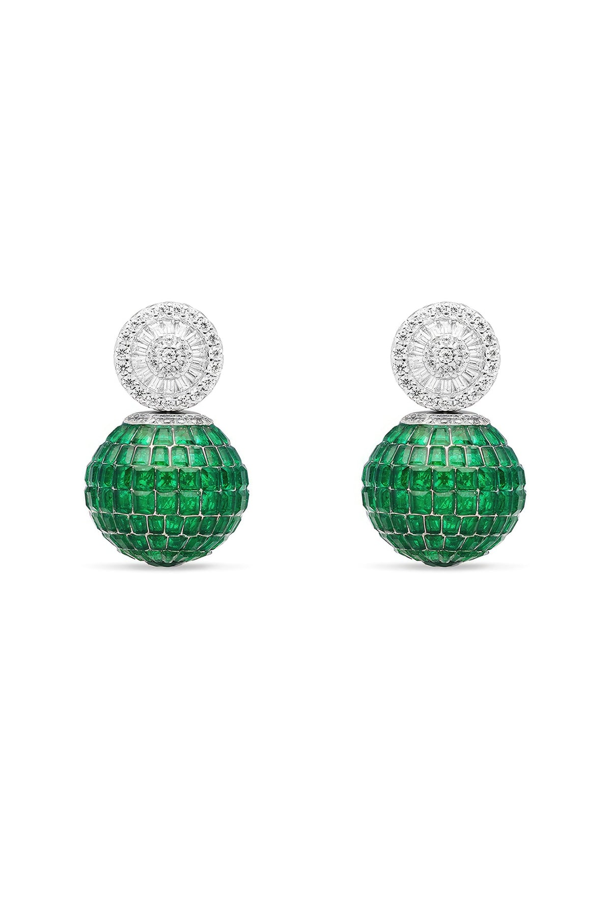 White Rhodium Finish Emerald Spinel Stone Stud Earrings In Sterling Silver