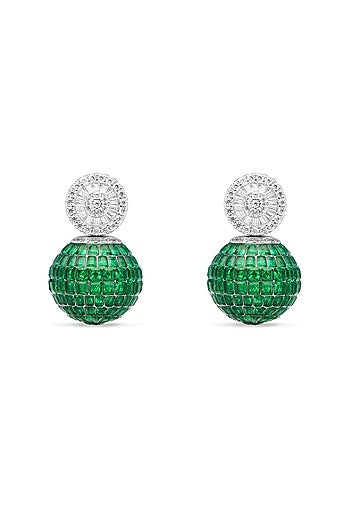 White Rhodium Finish Emerald Spinel Stone Stud Earrings In Sterling Silver