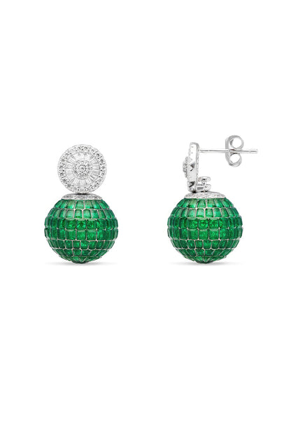 White Rhodium Finish Emerald Spinel Stone Stud Earrings In Sterling Silver