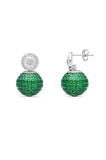 White Rhodium Finish Emerald Spinel Stone Stud Earrings In Sterling Silver