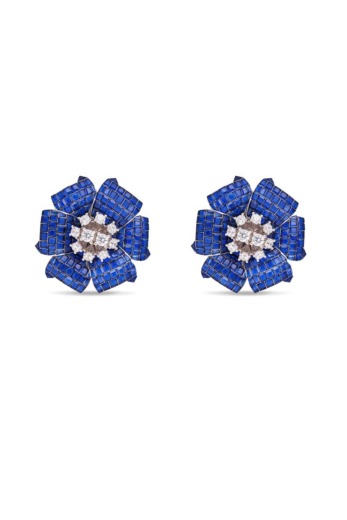 White Rhodium Finish Sapphire Spinel Stone Floral Stud Earrings In Sterling Silver