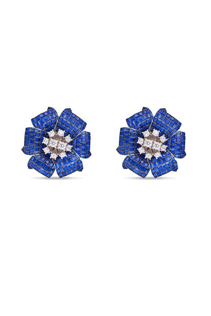 White Rhodium Finish Sapphire Spinel Stone Floral Stud Earrings In Sterling Silver