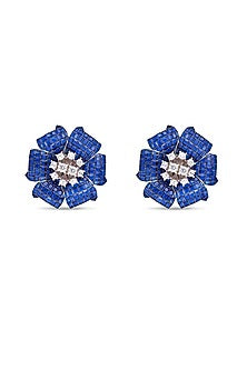 White Rhodium Finish Sapphire Spinel Stone Floral Stud Earrings In Sterling Silver