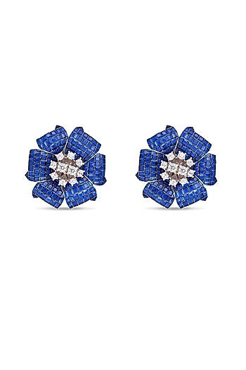 White Rhodium Finish Sapphire Spinel Stone Floral Stud Earrings In Sterling Silver