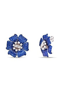 White Rhodium Finish Sapphire Spinel Stone Floral Stud Earrings In Sterling Silver