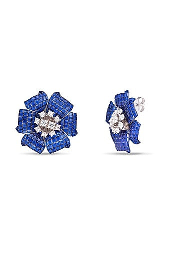 White Rhodium Finish Sapphire Spinel Stone Floral Stud Earrings In Sterling Silver