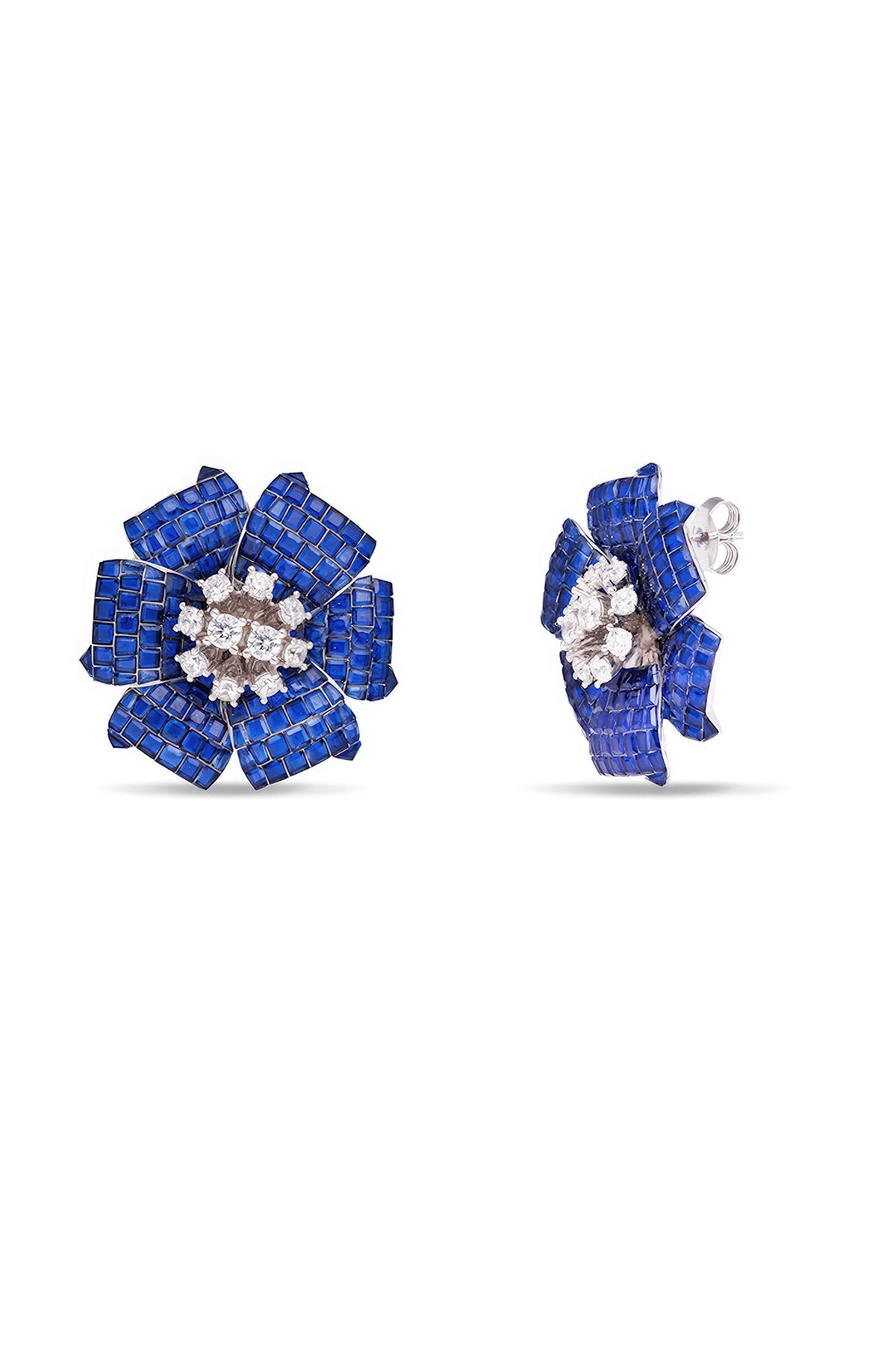 White Rhodium Finish Sapphire Spinel Stone Floral Stud Earrings In Sterling Silver
