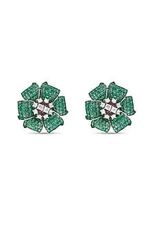 White Rhodium Finish Emerald Spinel Stone Floral Stud Earrings In Sterling Silver