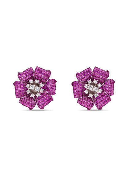 White Rhodium Finish Ruby Spinel Stone Floral Stud Earrings In Sterling Silver