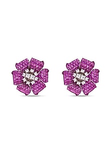 White Rhodium Finish Ruby Spinel Stone Floral Stud Earrings In Sterling Silver